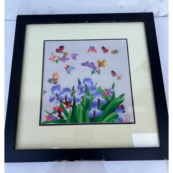 Suzhou Pure Silk Thread Embroidery Butterfly Garden Handmade Art Framed Sz 13x13 - Picture 1 of 10
